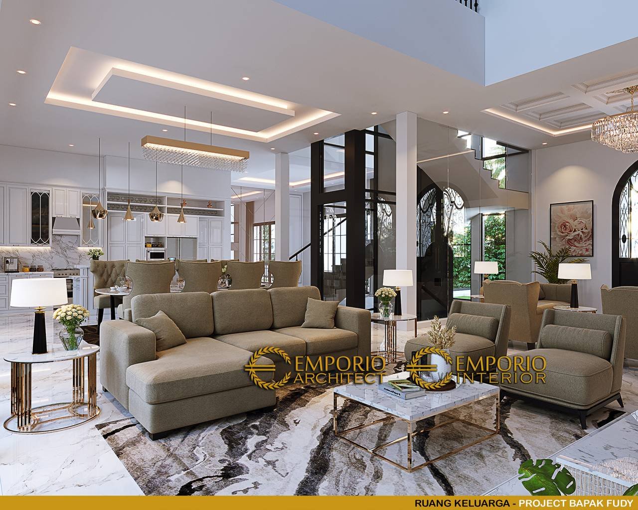 Desain Ruang Keluarga Interior Rumah Mediteran 3.5 Lantai Bapak Fudy di Jakarta Barat